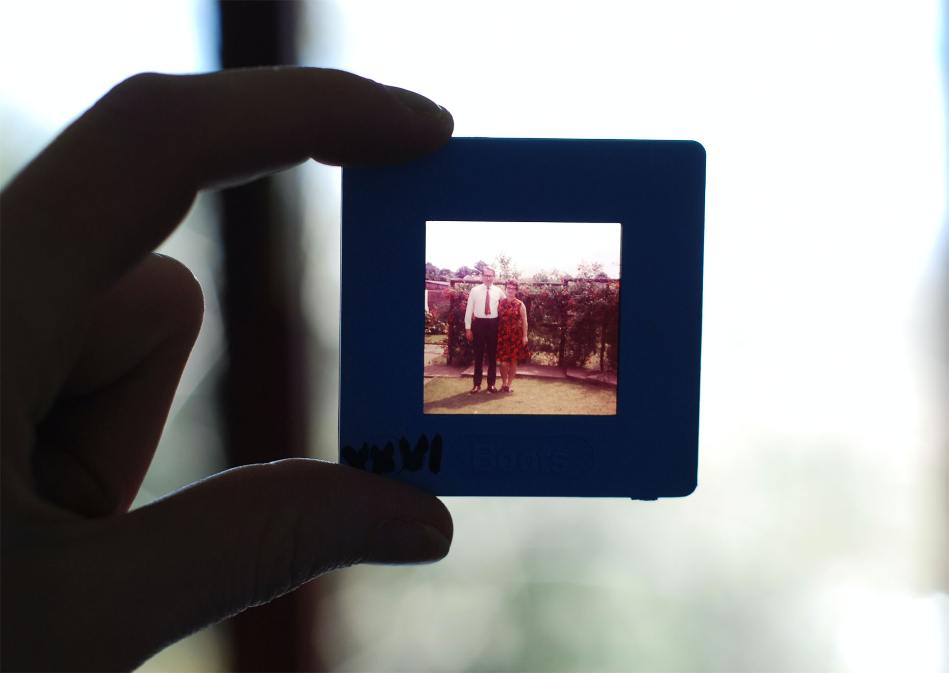 A photo slide being held to the light