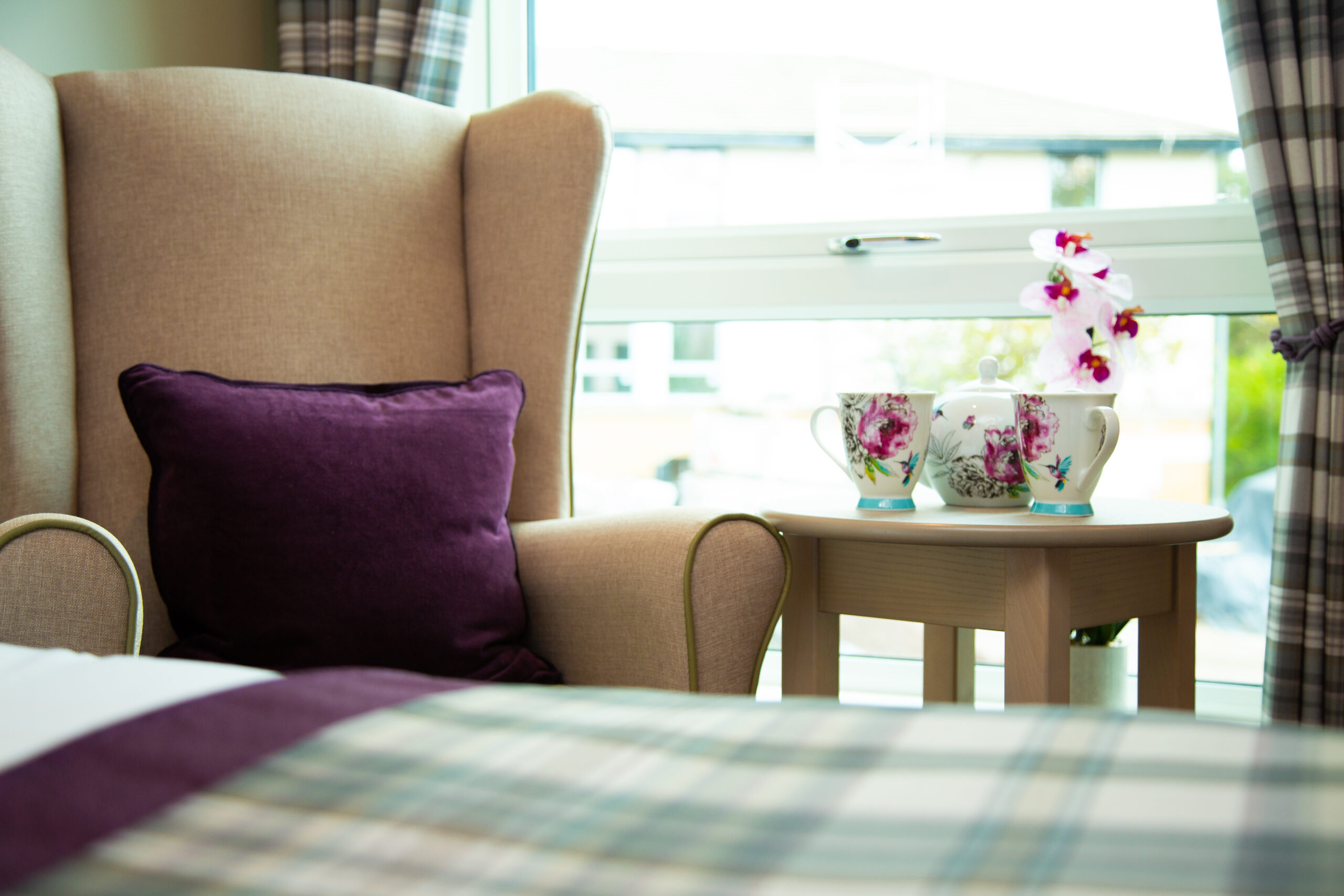 A chair with purple decorations